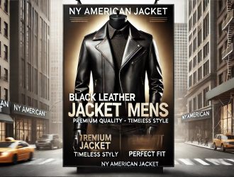 DALL·E 2025-01-31 09.44.15 - A stylish promotional banner for 'Black Leather Jacket Mens' from NY American Jacket. The banner features a high-quality black leather jacket displaye