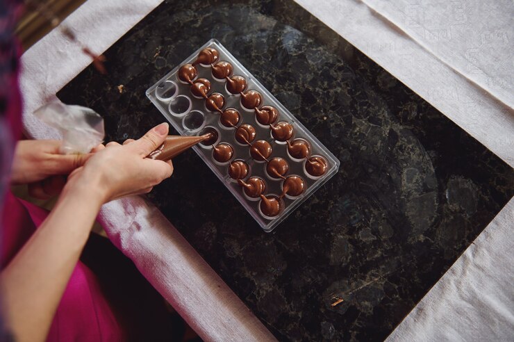 top-view-chocolatier-holding-candy-bag-squeezing-liquid-warm-chocolate-mass-into-candy-molds-process-making-handmade-luxurious-chocolates_328764-2704