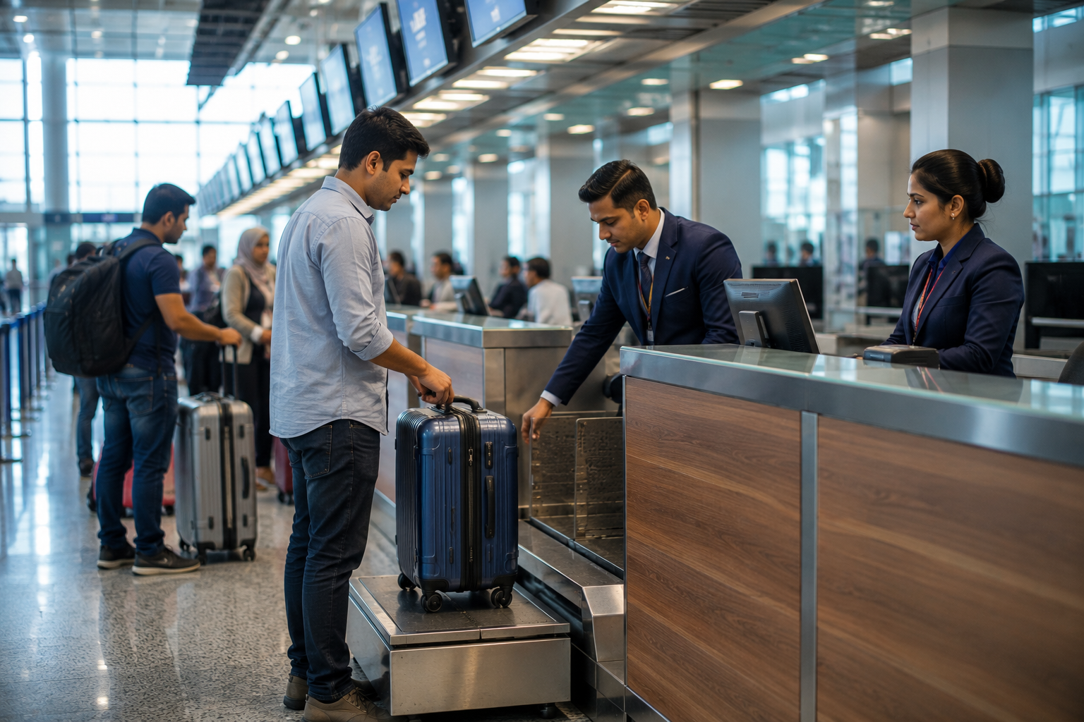 Airport baggage check and travel preparation