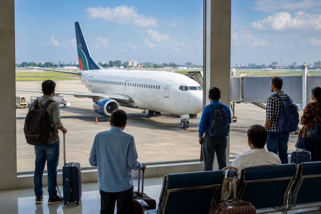 US Bangla flight booking at a modern airport terminal